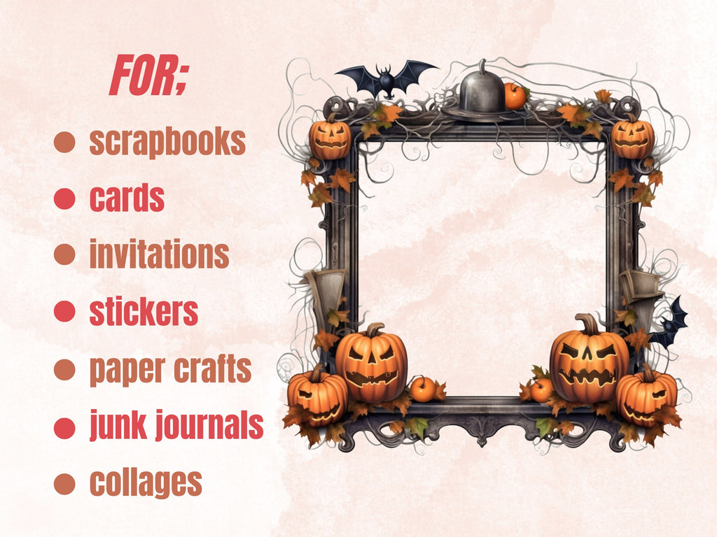 40 PNG Watercolor Halloween Frames Clipart, Halloween Wreaths Illustrations Clip art, Fall Witchcraft png, Autumn Pumpkin Border Sublimation