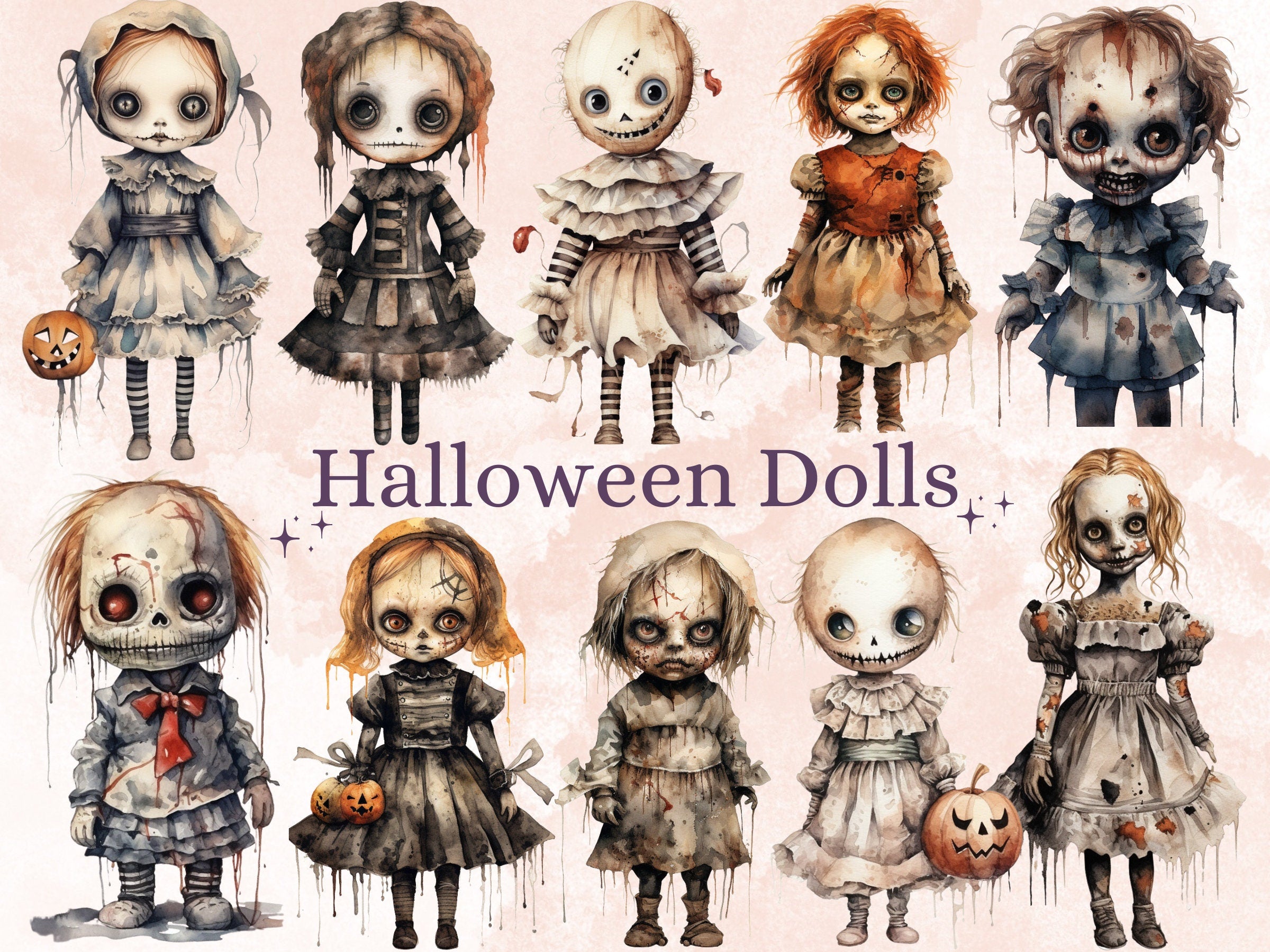 40 PNG Watercolor Halloween Spooky Dolls Clipart, Horror Halloween Illustrations Clip art, Cute Creepy Doll png, Gothic Scary Sublimation