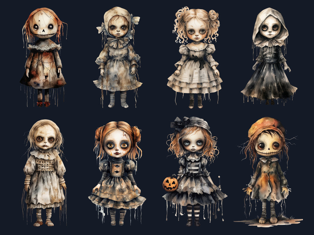 40 PNG Watercolor Halloween Spooky Dolls Clipart, Horror Halloween Illustrations Clip art, Cute Creepy Doll png, Gothic Scary Sublimation