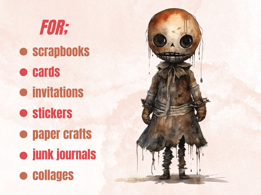 40 PNG Watercolor Halloween Spooky Dolls Clipart, Horror Halloween Illustrations Clip art, Cute Creepy Doll png, Gothic Scary Sublimation