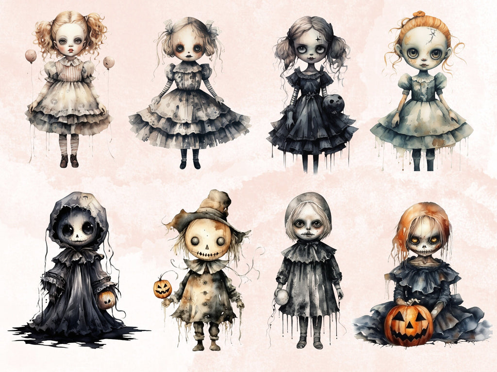 40 PNG Watercolor Halloween Spooky Dolls Clipart, Horror Halloween Illustrations Clip art, Cute Creepy Doll png, Gothic Scary Sublimation