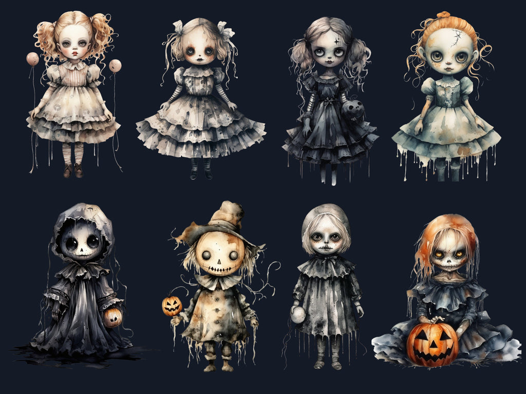 40 PNG Watercolor Halloween Spooky Dolls Clipart, Horror Halloween Illustrations Clip art, Cute Creepy Doll png, Gothic Scary Sublimation