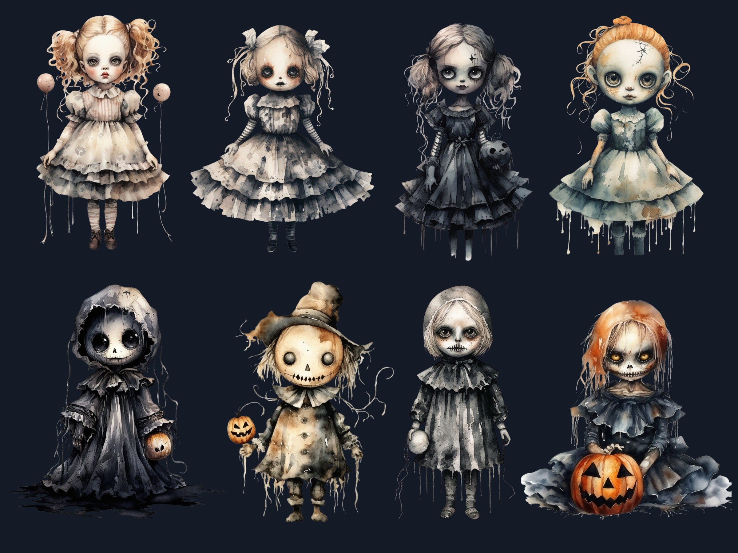 40 PNG Watercolor Halloween Spooky Dolls Clipart, Horror Halloween Illustrations Clip art, Cute Creepy Doll png, Gothic Scary Sublimation
