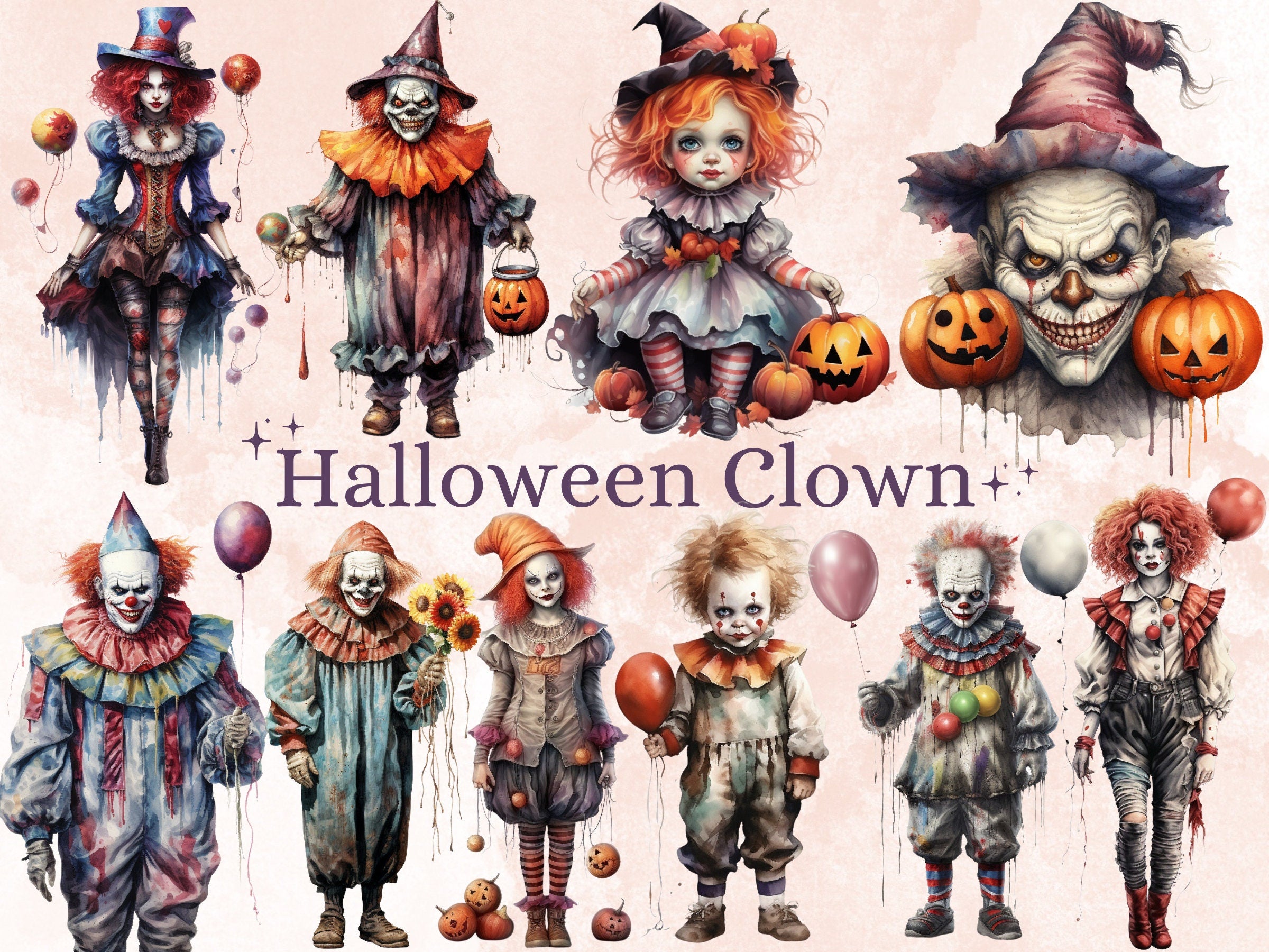 45 PNG Watercolor Halloween Clown Clipart, Horror Halloween Circus Illustrations Clip art, Cute Creepy Clowns png, Gothic Scary Sublimation