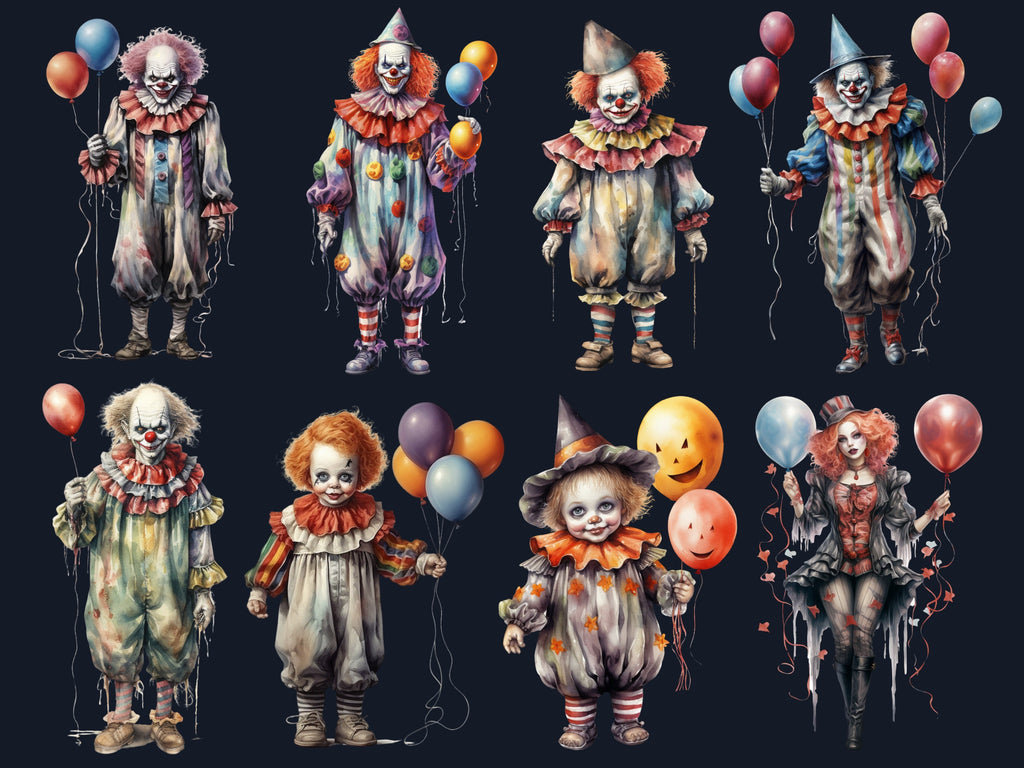 45 PNG Watercolor Halloween Clown Clipart, Horror Halloween Circus Illustrations Clip art, Cute Creepy Clowns png, Gothic Scary Sublimation