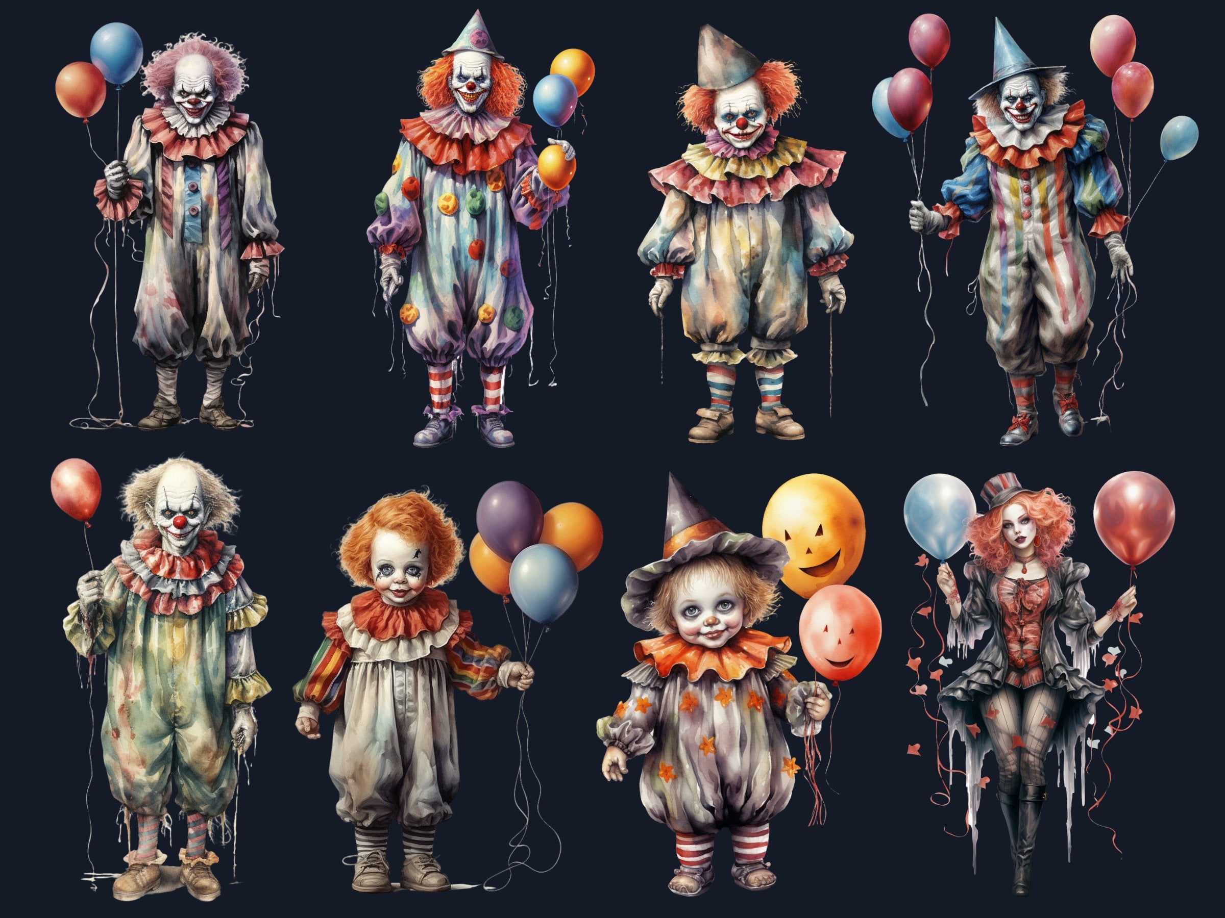45 PNG Watercolor Halloween Clown Clipart, Horror Halloween Circus Illustrations Clip art, Cute Creepy Clowns png, Gothic Scary Sublimation