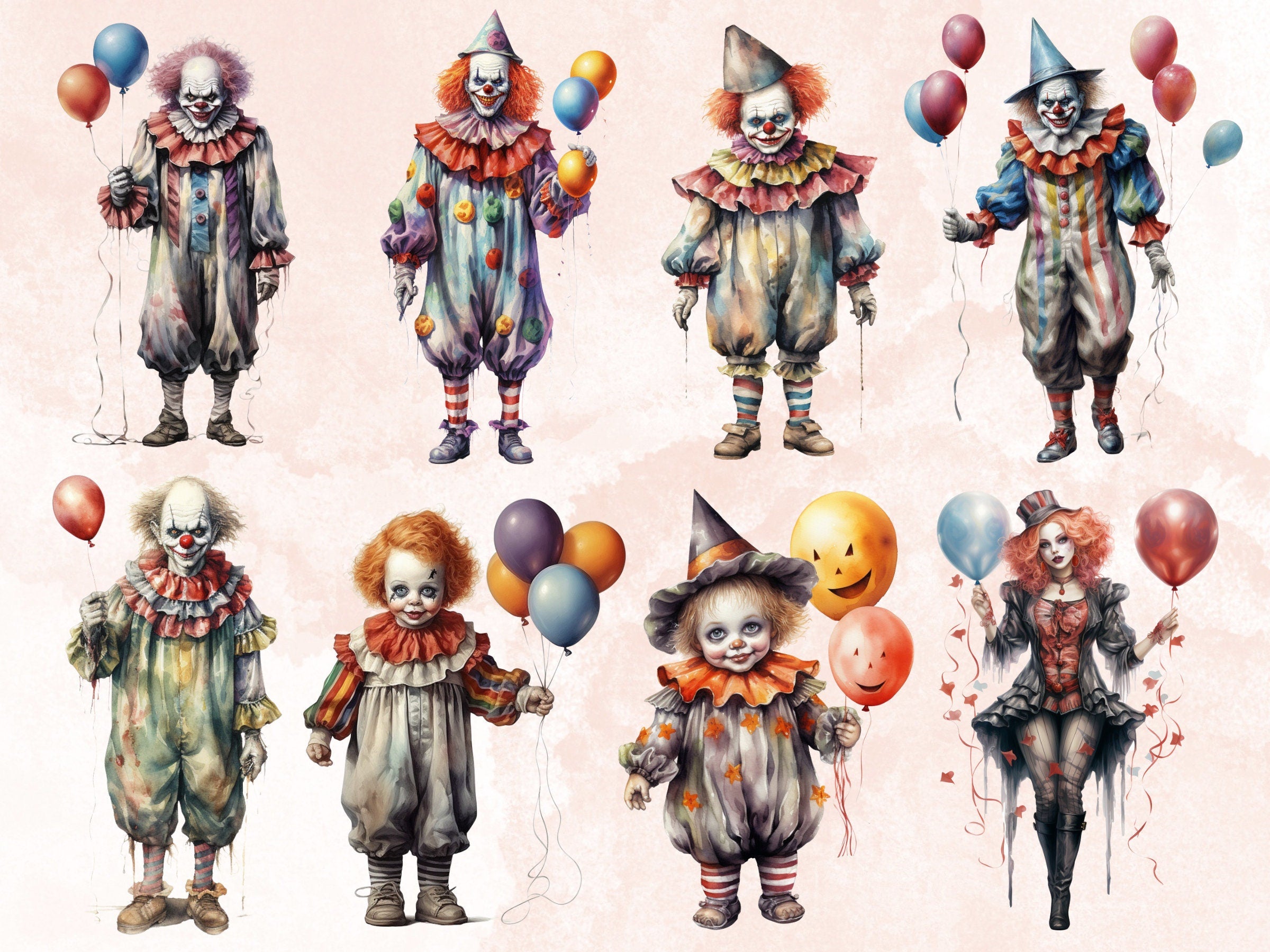 45 PNG Watercolor Halloween Clown Clipart, Horror Halloween Circus Illustrations Clip art, Cute Creepy Clowns png, Gothic Scary Sublimation
