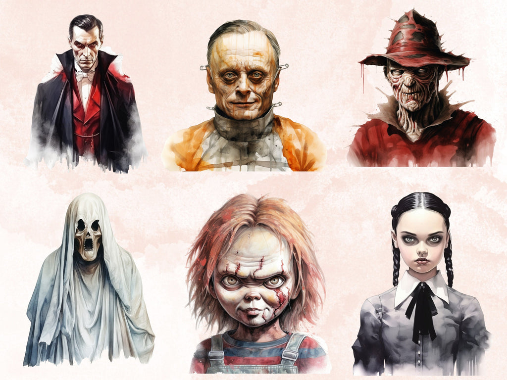 80 PNG Watercolor Halloween Characters Big Bundle Clipart, Horror Halloween Illustrations Clip art, Evil Characters png, Creepy Sublimation