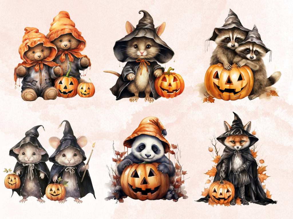 60 PNG Watercolor Halloween Animals Clipart, Cute Halloween Creatures Illustrations Clip art, Gothic Fall Animal png, Witchcraft Sublimation