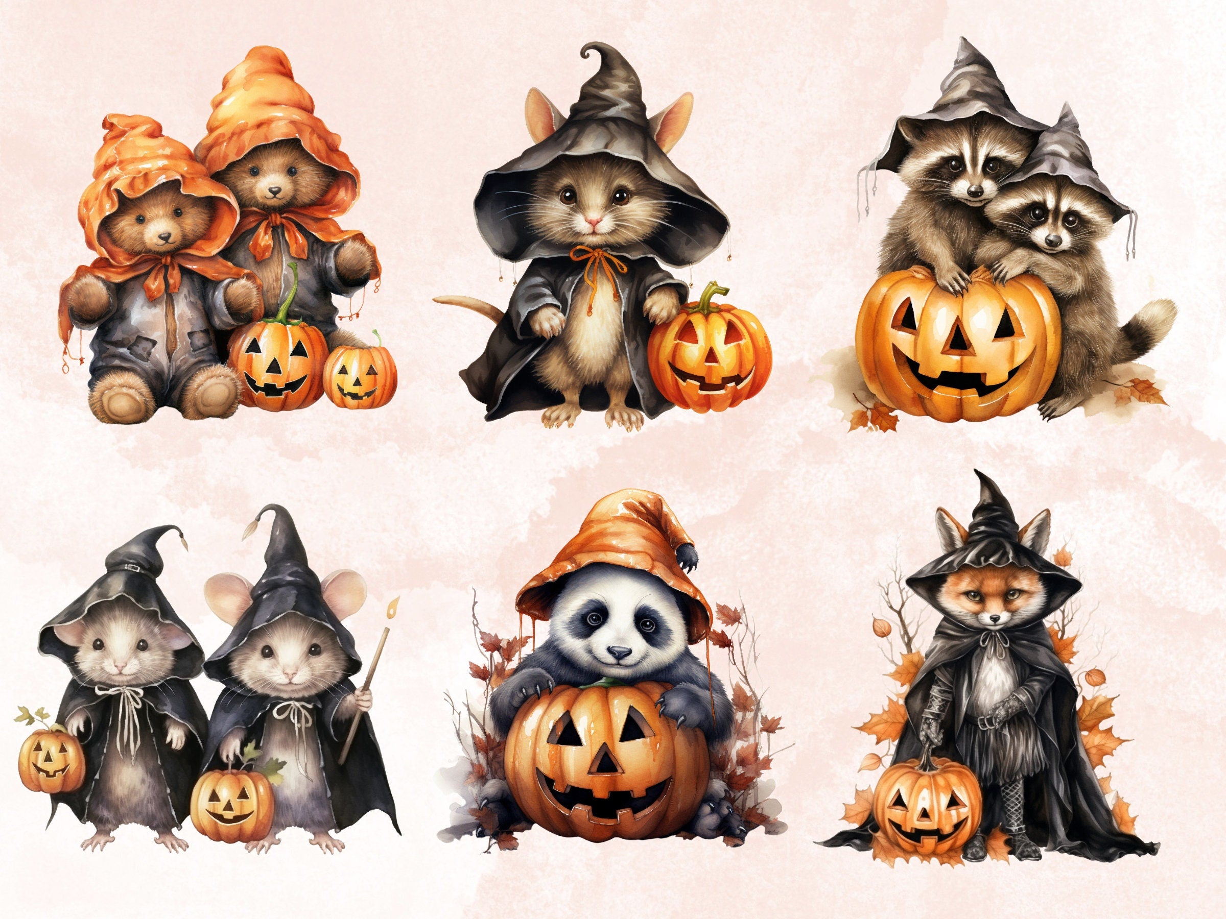 60 PNG Watercolor Halloween Animals Clipart, Cute Halloween Creatures Illustrations Clip art, Gothic Fall Animal png, Witchcraft Sublimation