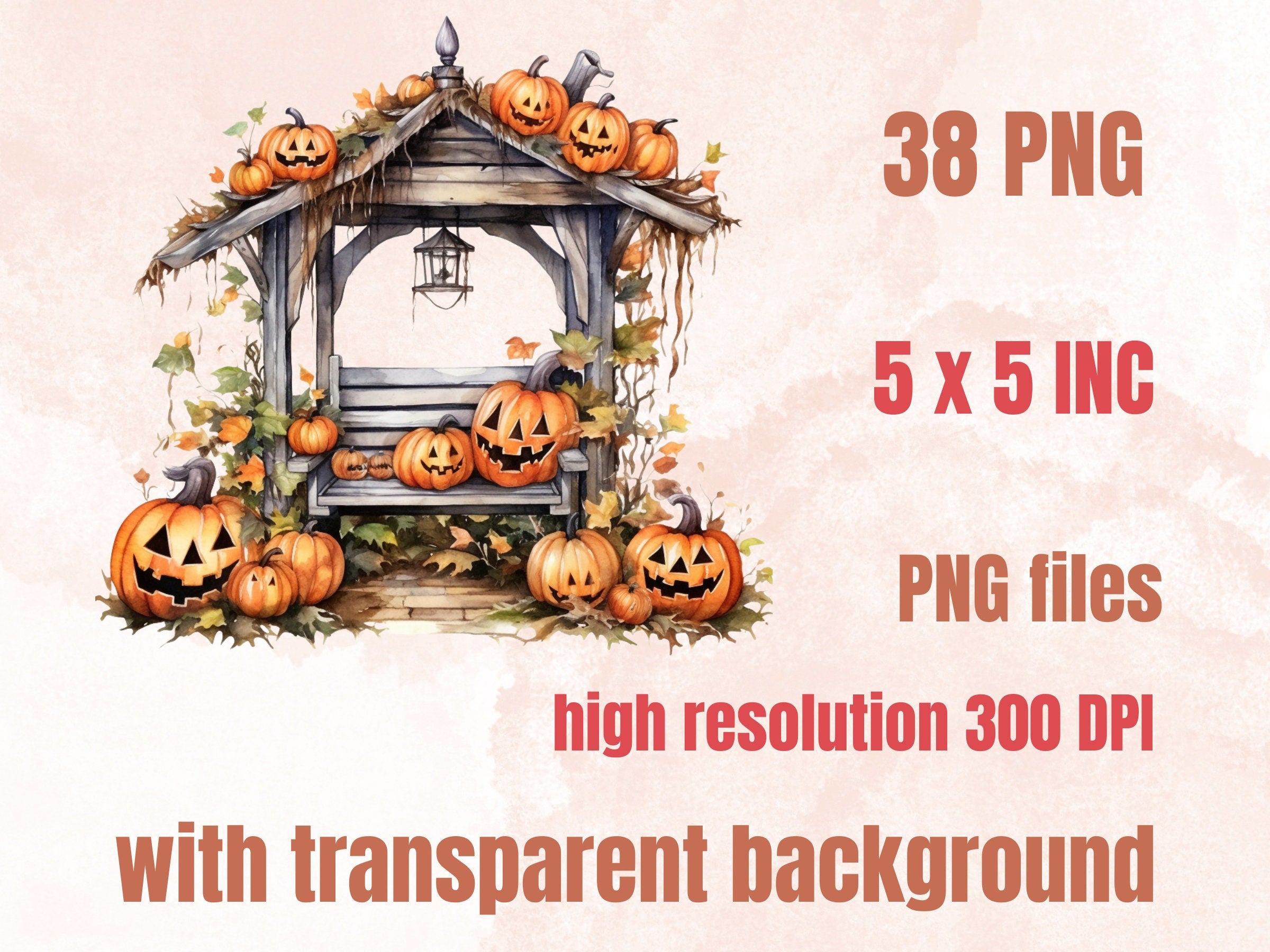38 PNG Watercolor Halloween Garden Clipart, Halloween Tree Illustrations Clip art, Creepy Scarecrow png, Pumpkin Secret Garden Sublimation