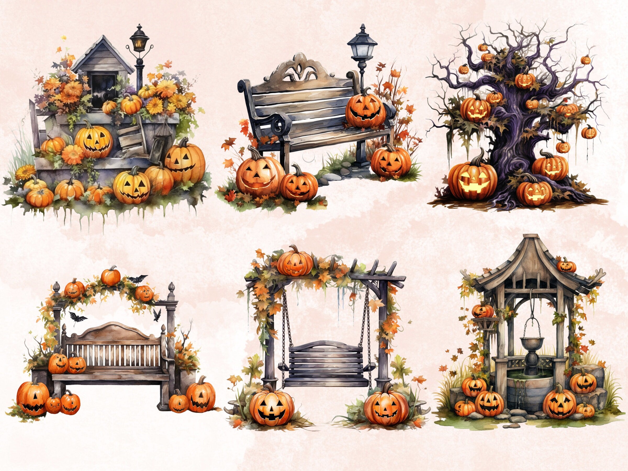 38 PNG Watercolor Halloween Garden Clipart, Halloween Tree Illustrations Clip art, Creepy Scarecrow png, Pumpkin Secret Garden Sublimation