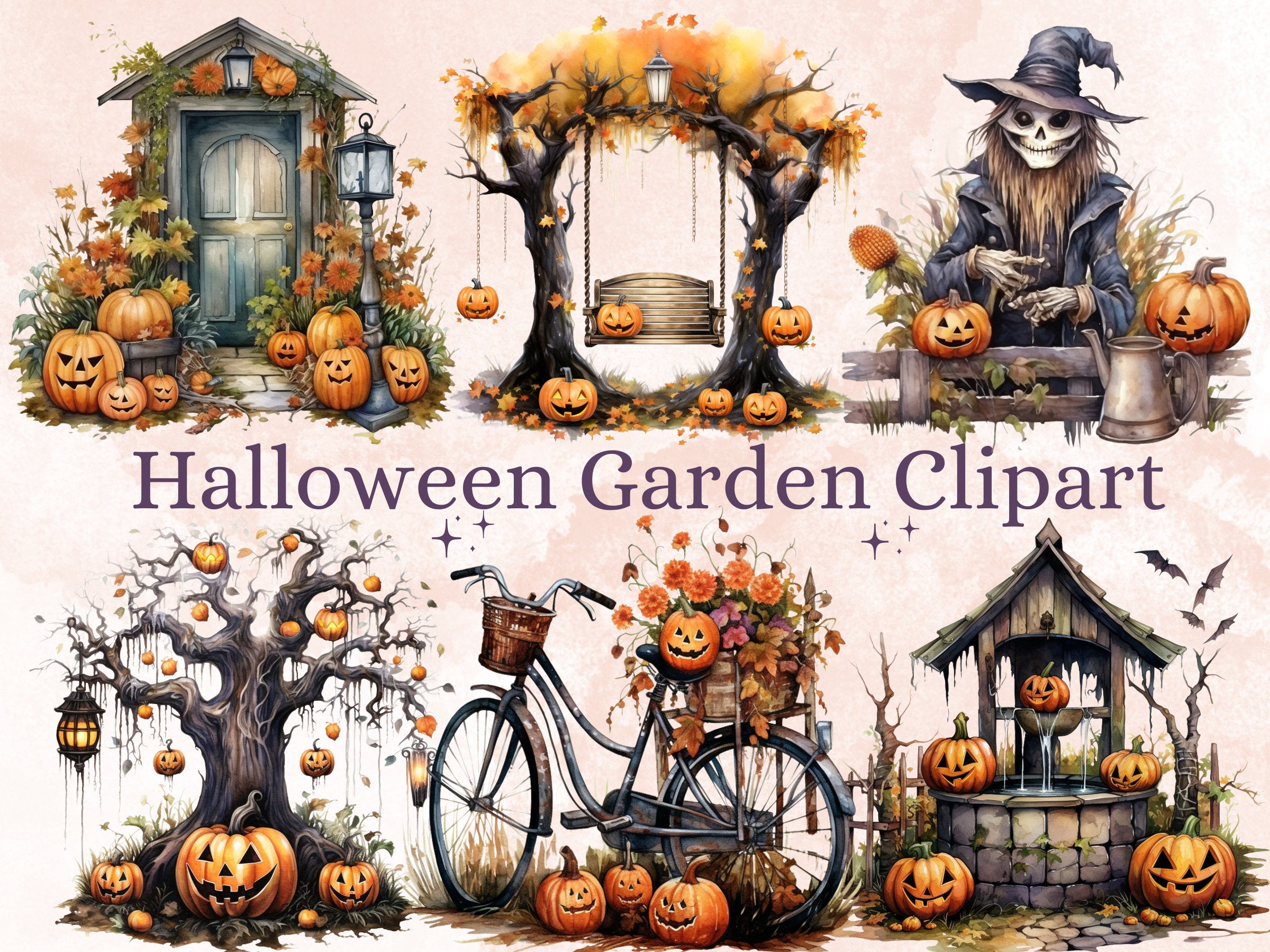 38 PNG Watercolor Halloween Garden Clipart, Halloween Tree Illustrations Clip art, Creepy Scarecrow png, Pumpkin Secret Garden Sublimation