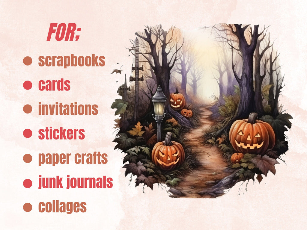38 PNG Watercolor Halloween Forest Clipart, Halloween Woodland Illustrations Clip art, Gothic Pumpkin Tree png, Forest Landscape Sublimation