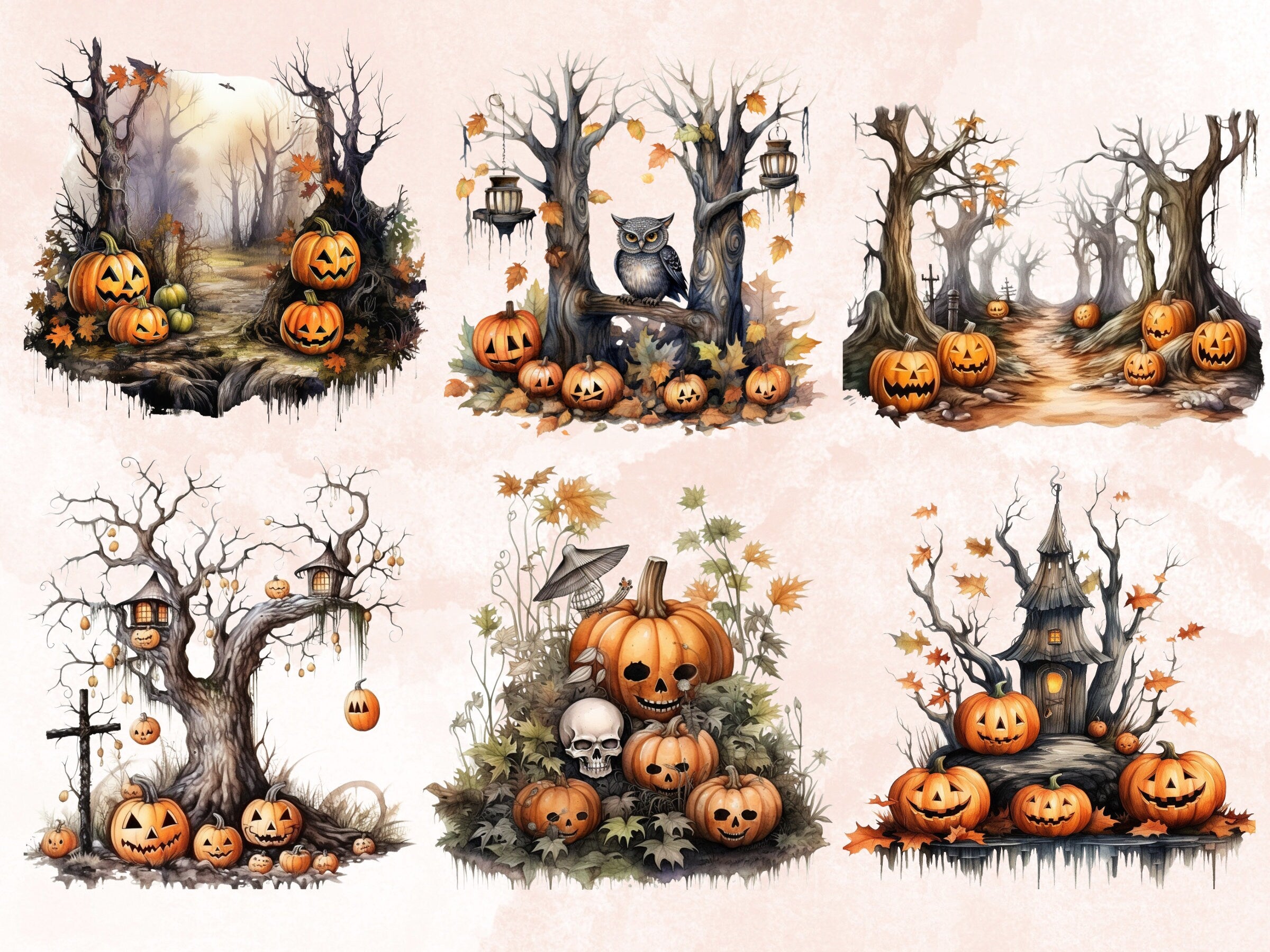 38 PNG Watercolor Halloween Forest Clipart, Halloween Woodland Illustrations Clip art, Gothic Pumpkin Tree png, Forest Landscape Sublimation