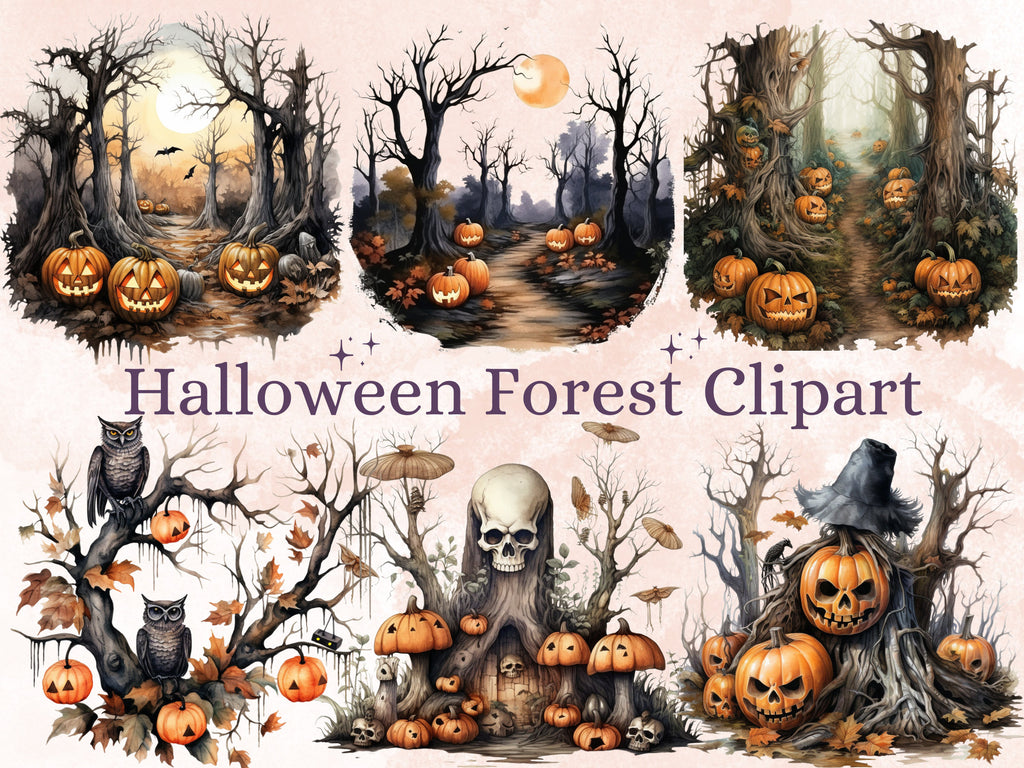 38 PNG Watercolor Halloween Forest Clipart, Halloween Woodland Illustrations Clip art, Gothic Pumpkin Tree png, Forest Landscape Sublimation