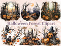 38 PNG Watercolor Halloween Forest Clipart, Halloween Woodland Illustrations Clip art, Gothic Pumpkin Tree png, Forest Landscape Sublimation