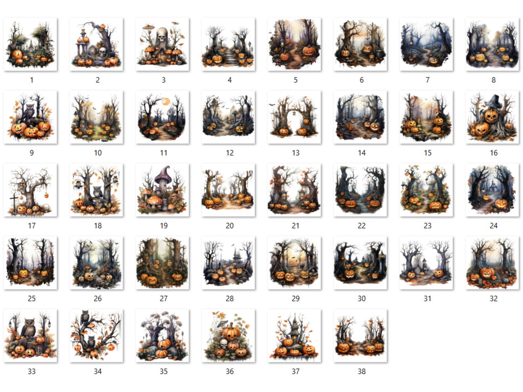38 PNG Watercolor Halloween Forest Clipart, Halloween Woodland Illustrations Clip art, Gothic Pumpkin Tree png, Forest Landscape Sublimation