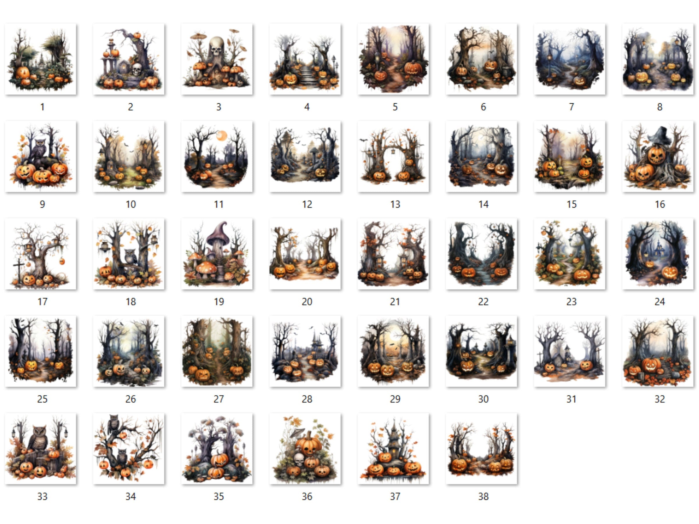 38 PNG Watercolor Halloween Forest Clipart, Halloween Woodland Illustrations Clip art, Gothic Pumpkin Tree png, Forest Landscape Sublimation