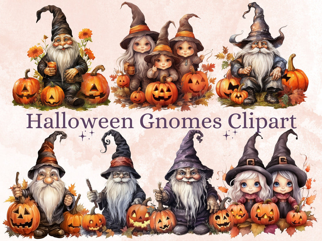 50 PNG Watercolor Halloween Gnomes Clipart, Cute Halloween Illustrations Clip art, Fall Garden Gnome png, Pumpkin Gnome Girl Sublimation