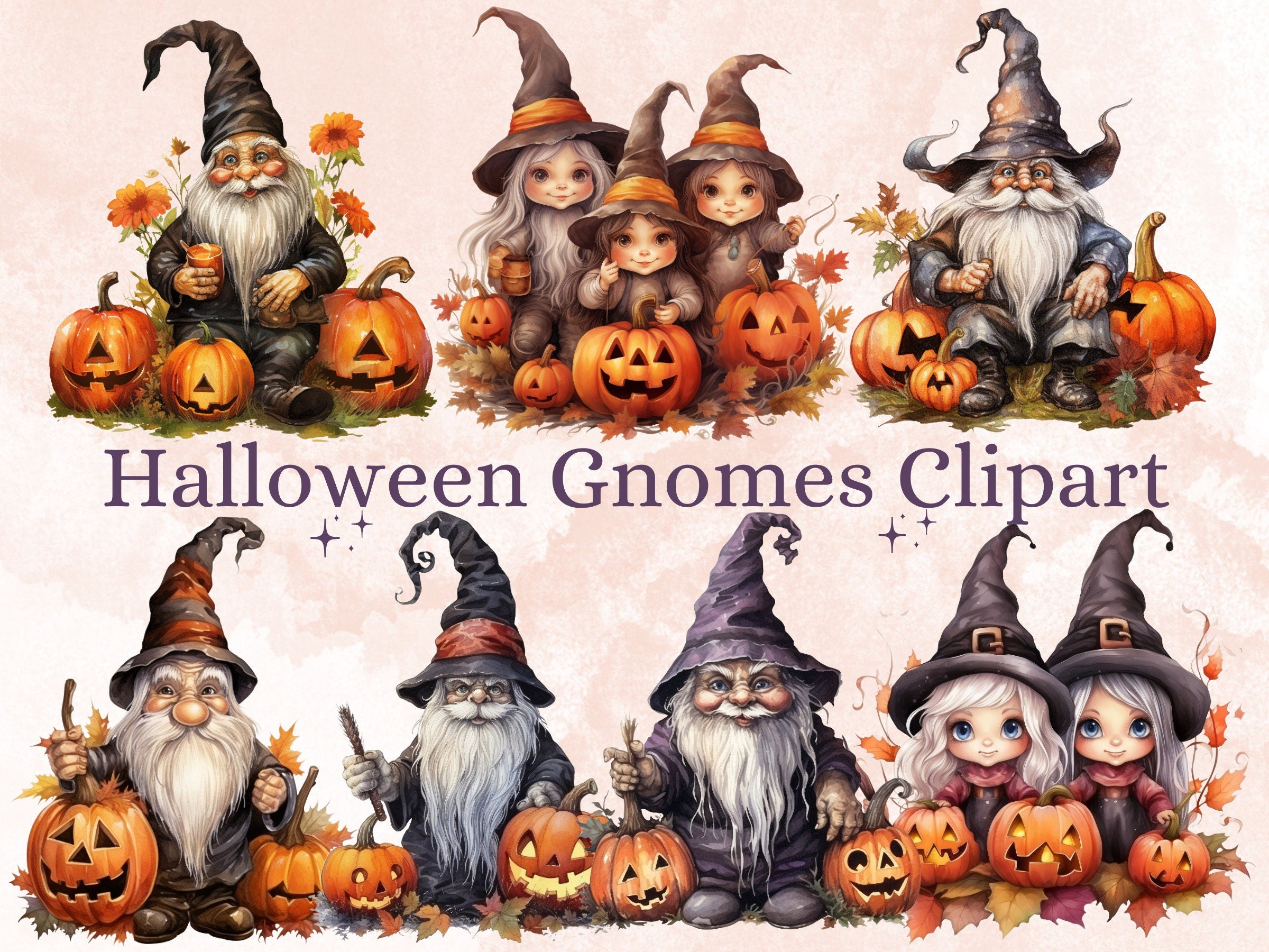 50 PNG Watercolor Halloween Gnomes Clipart, Cute Halloween Illustrations Clip art, Fall Garden Gnome png, Pumpkin Gnome Girl Sublimation