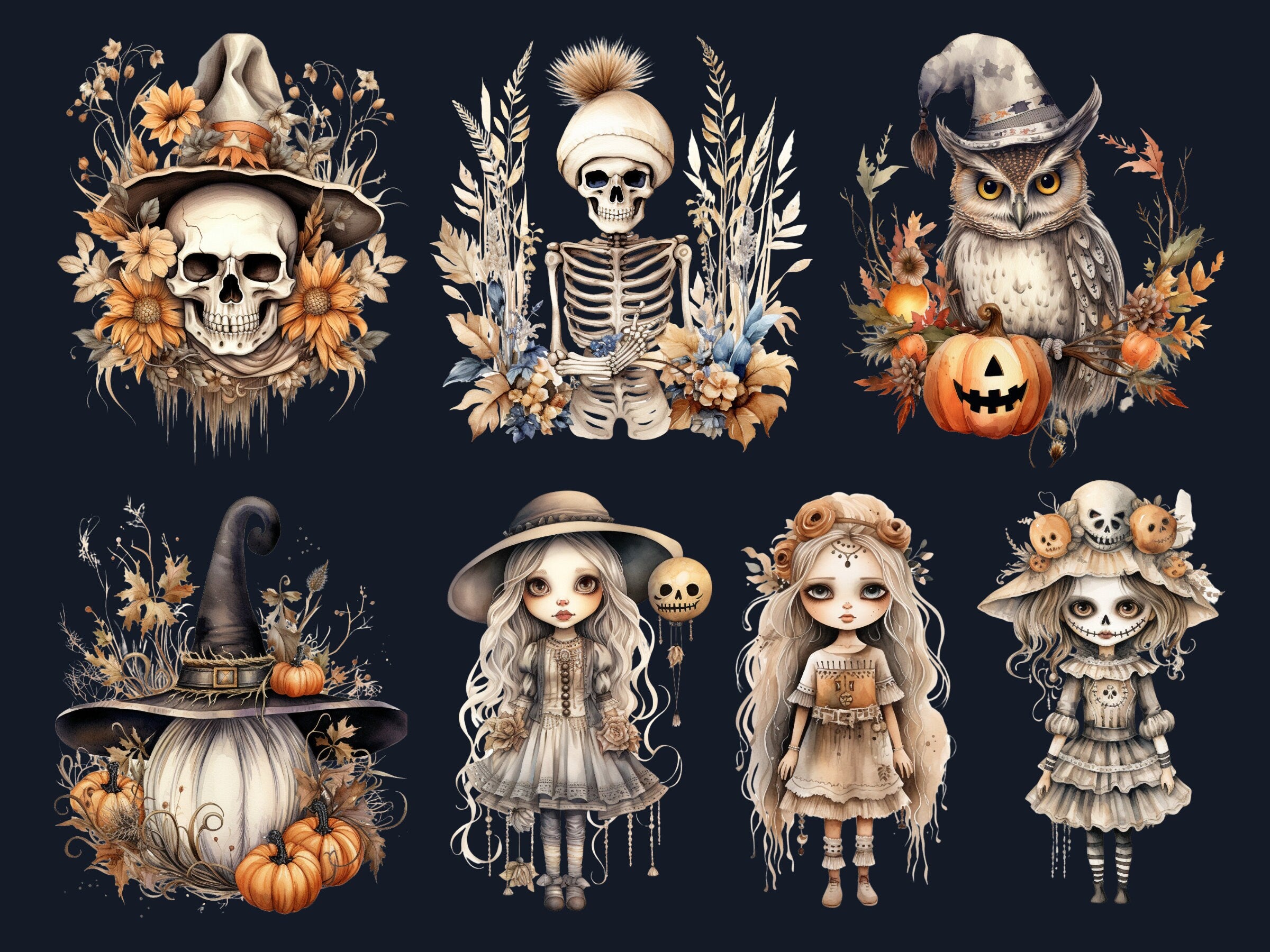 60 PNG Watercolor Boho Halloween Bundle Clipart, Bohemian Halloween Illustrations Clip art, Skeleton png, Creepy Witchcraft Sublimation