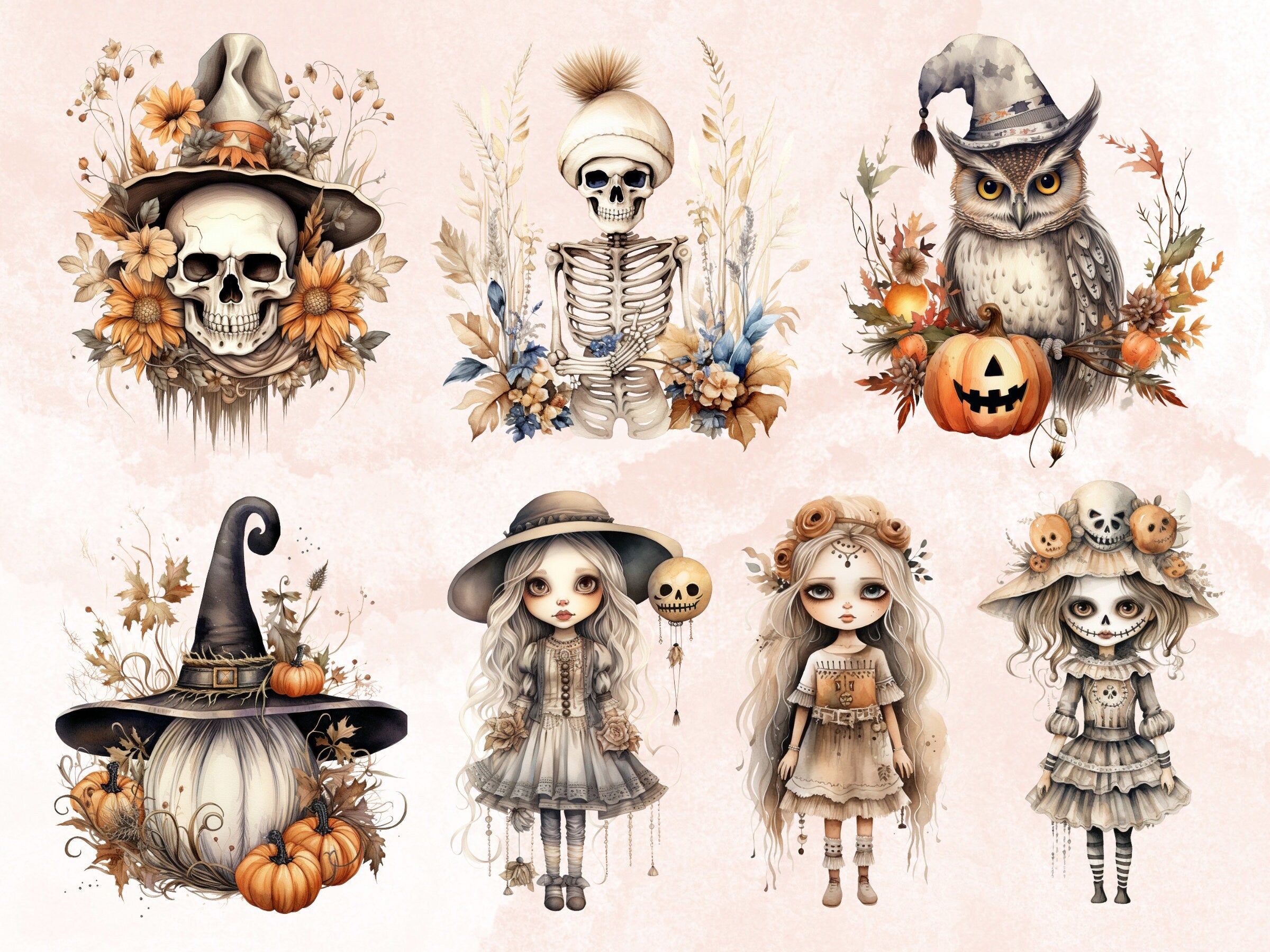 60 PNG Watercolor Boho Halloween Bundle Clipart, Bohemian Halloween Illustrations Clip art, Skeleton png, Creepy Witchcraft Sublimation