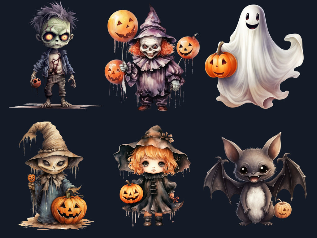 50 PNG Watercolor Cute Halloween Bundle Clipart, Kawaii Halloween Illustrations Clip art, Cute Ghost Zombie png, Spooky Season Sublimation