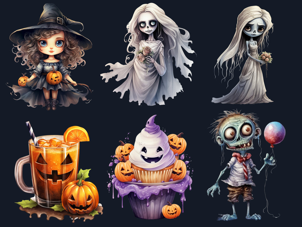 50 PNG Watercolor Cute Halloween Bundle Clipart, Kawaii Halloween Illustrations Clip art, Cute Ghost Zombie png, Spooky Season Sublimation