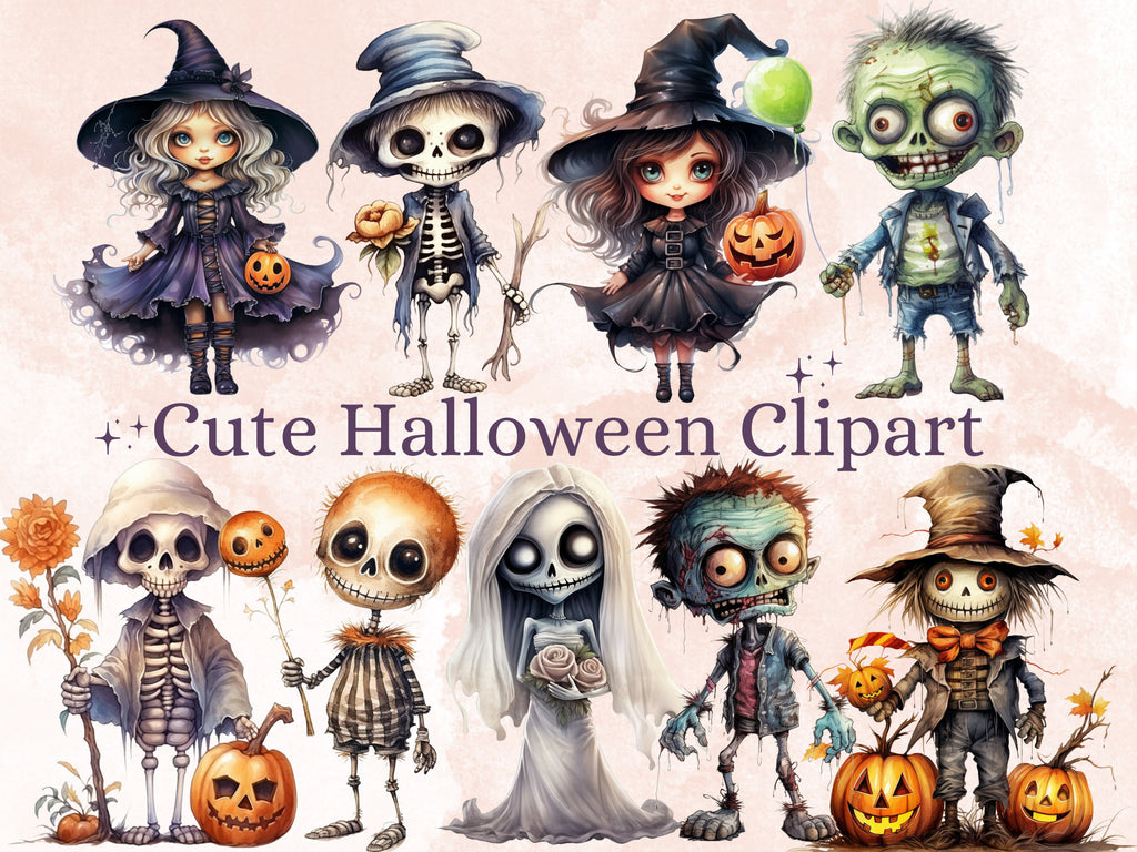 50 PNG Watercolor Cute Halloween Bundle Clipart, Kawaii Halloween Illustrations Clip art, Cute Ghost Zombie png, Spooky Season Sublimation