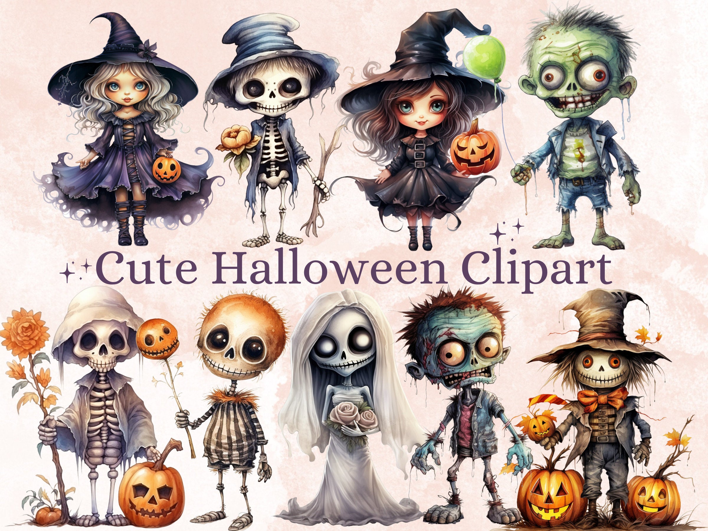 50 PNG Watercolor Cute Halloween Bundle Clipart, Kawaii Halloween Illustrations Clip art, Cute Ghost Zombie png, Spooky Season Sublimation