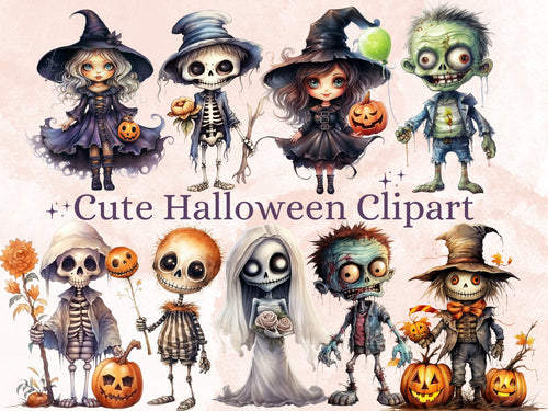 50 PNG Watercolor Cute Halloween Bundle Clipart, Kawaii Halloween Illustrations Clip art, Cute Ghost Zombie png, Spooky Season Sublimation