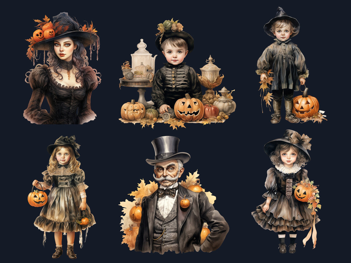 40 PNG Watercolor Victorian Halloween Bundle Clipart, Vintage Creepy Halloween Illustration Clip art, Retro Gothic png, Skeleton Sublimation