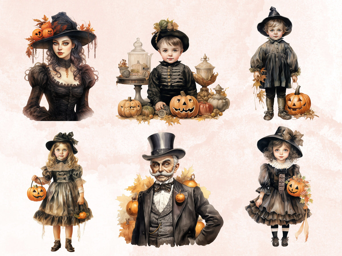 40 PNG Watercolor Victorian Halloween Bundle Clipart, Vintage Creepy Halloween Illustration Clip art, Retro Gothic png, Skeleton Sublimation