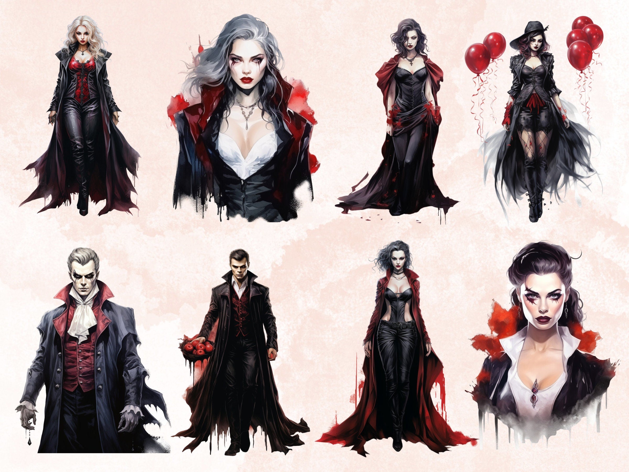 45 PNG Watercolor Halloween Vampires Clipart, Horror Halloween Illustrations Clip art, Spooky Gothic Vampire png, Dark Fantasy Sublimation