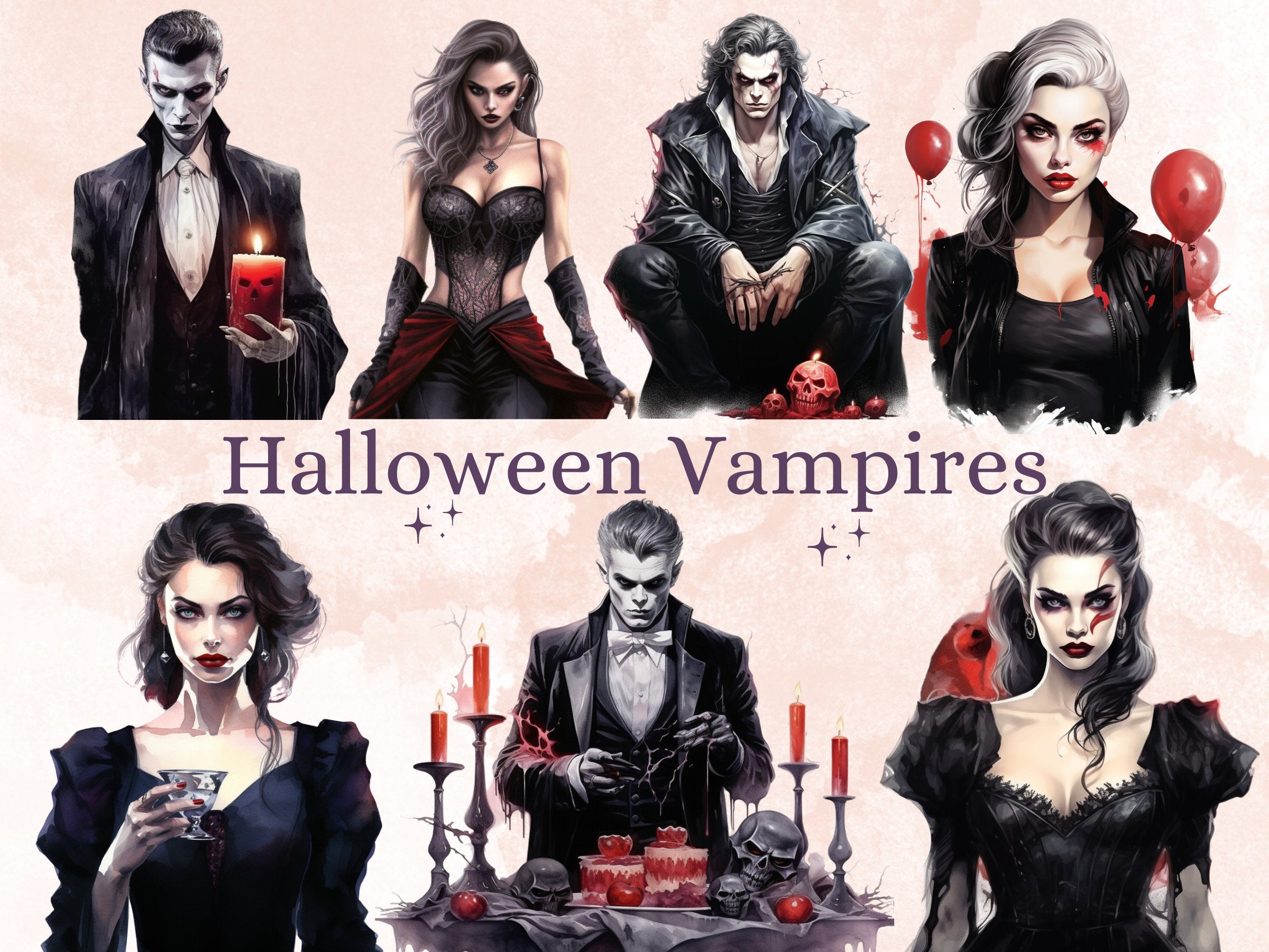 45 PNG Watercolor Halloween Vampires Clipart, Horror Halloween Illustrations Clip art, Spooky Gothic Vampire png, Dark Fantasy Sublimation