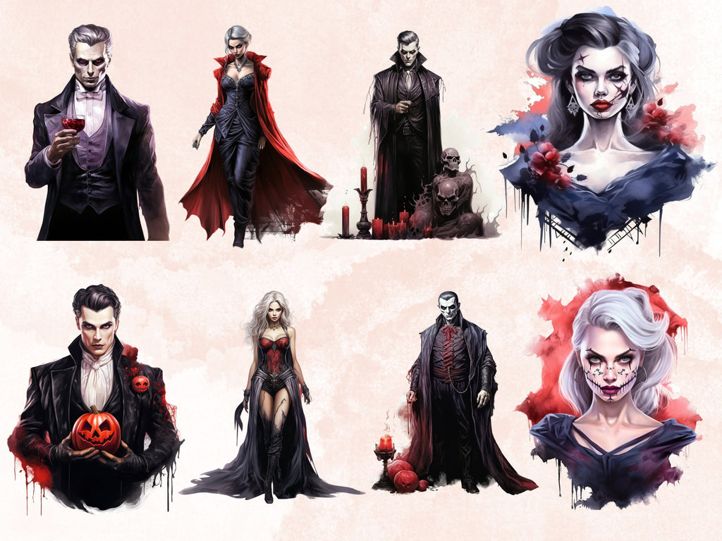 45 PNG Watercolor Halloween Vampires Clipart, Horror Halloween Illustrations Clip art, Spooky Gothic Vampire png, Dark Fantasy Sublimation