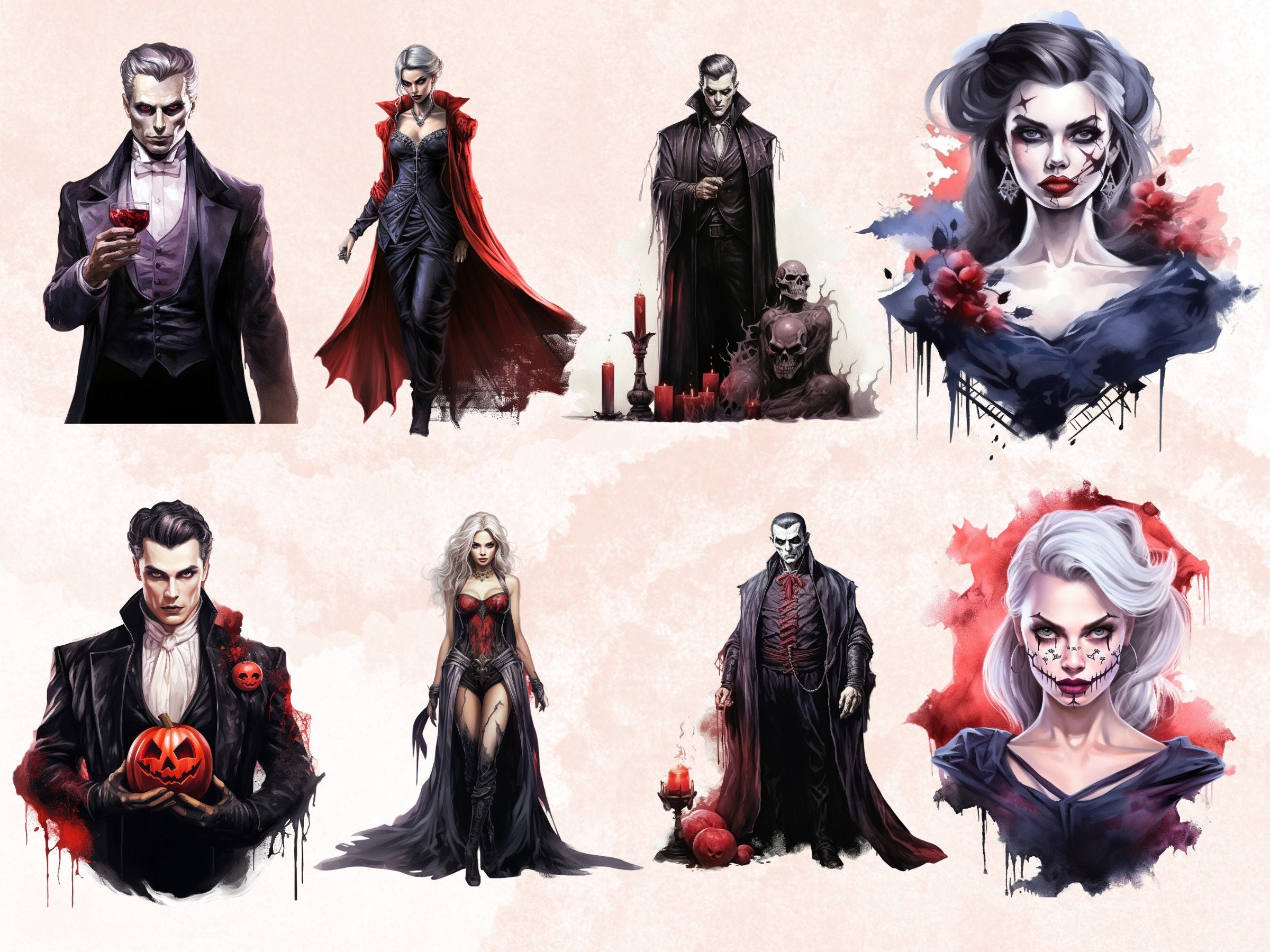 45 PNG Watercolor Halloween Vampires Clipart, Horror Halloween Illustrations Clip art, Spooky Gothic Vampire png, Dark Fantasy Sublimation