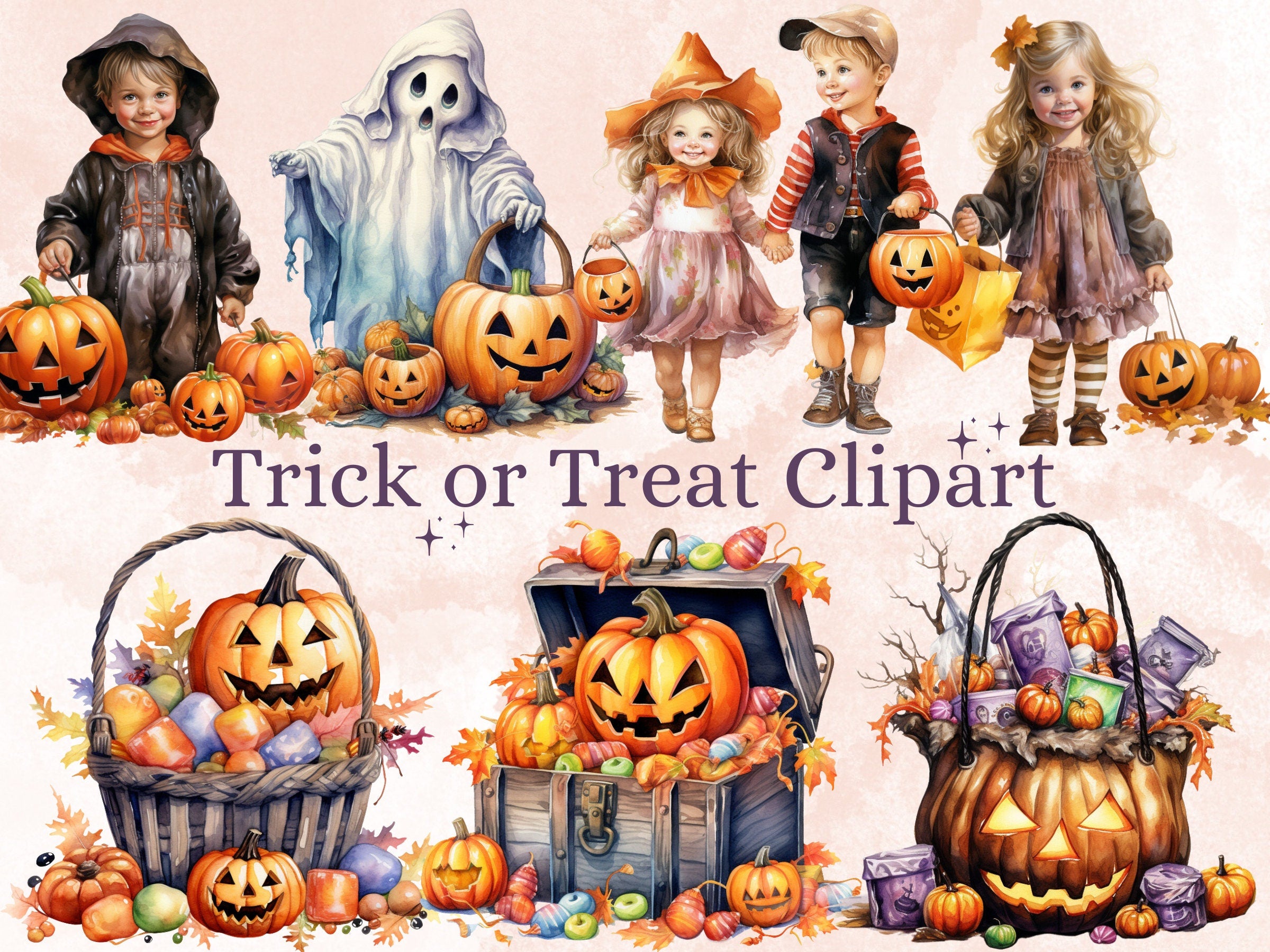 45 PNG Watercolor Trick or Treat Clipart, Vintage Halloween Kids Illustration Clip art, Retro Cute Creepy png, Spooky Season Sublimation