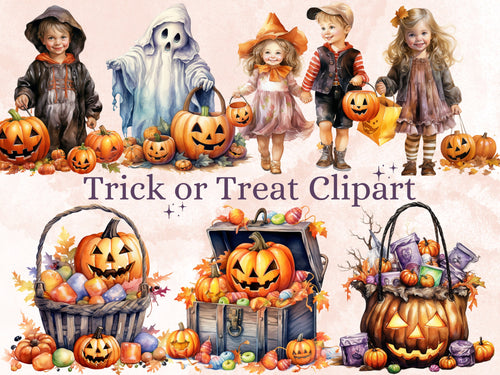 45 PNG Watercolor Trick or Treat Clipart, Vintage Halloween Kids Illustration Clip art, Retro Cute Creepy png, Spooky Season Sublimation