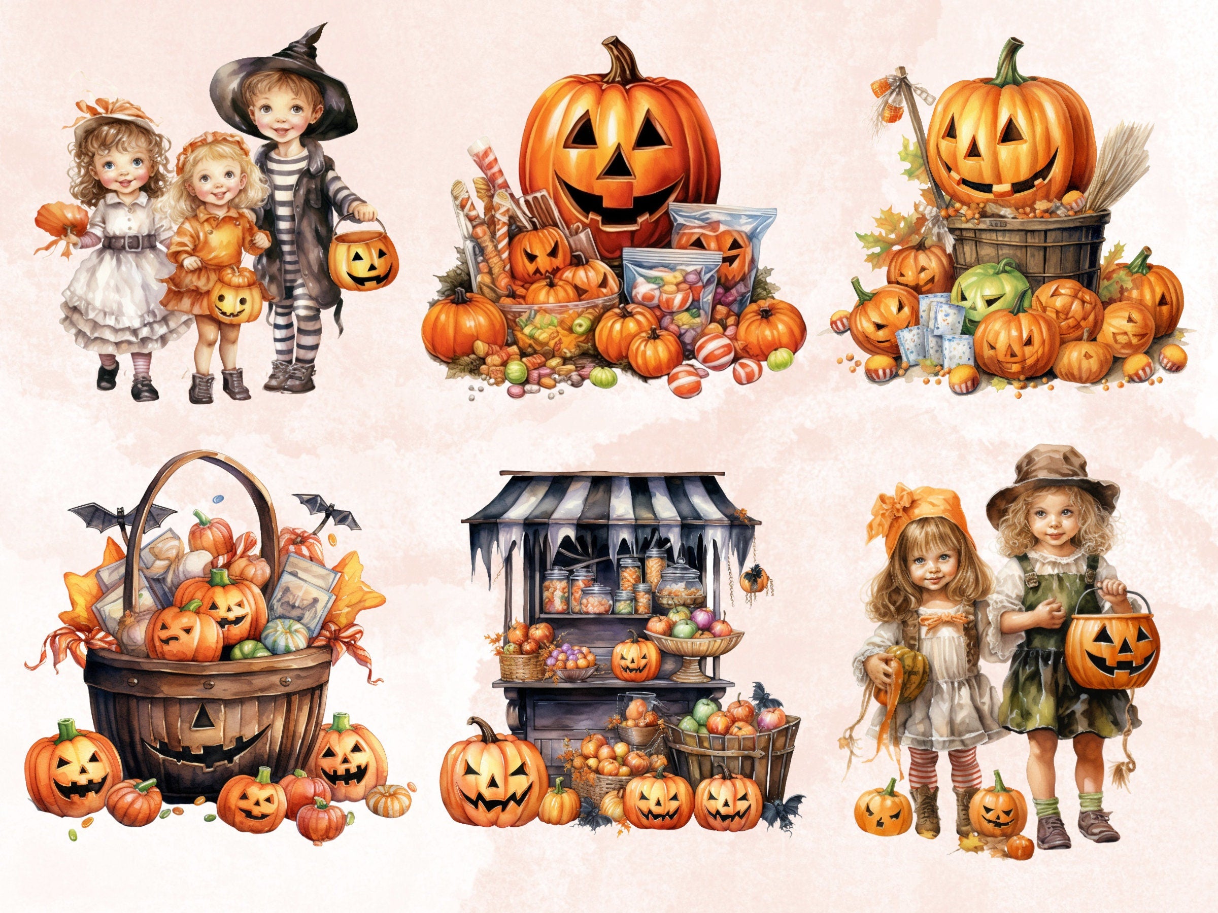 45 PNG Watercolor Trick or Treat Clipart, Vintage Halloween Kids Illustration Clip art, Retro Cute Creepy png, Spooky Season Sublimation