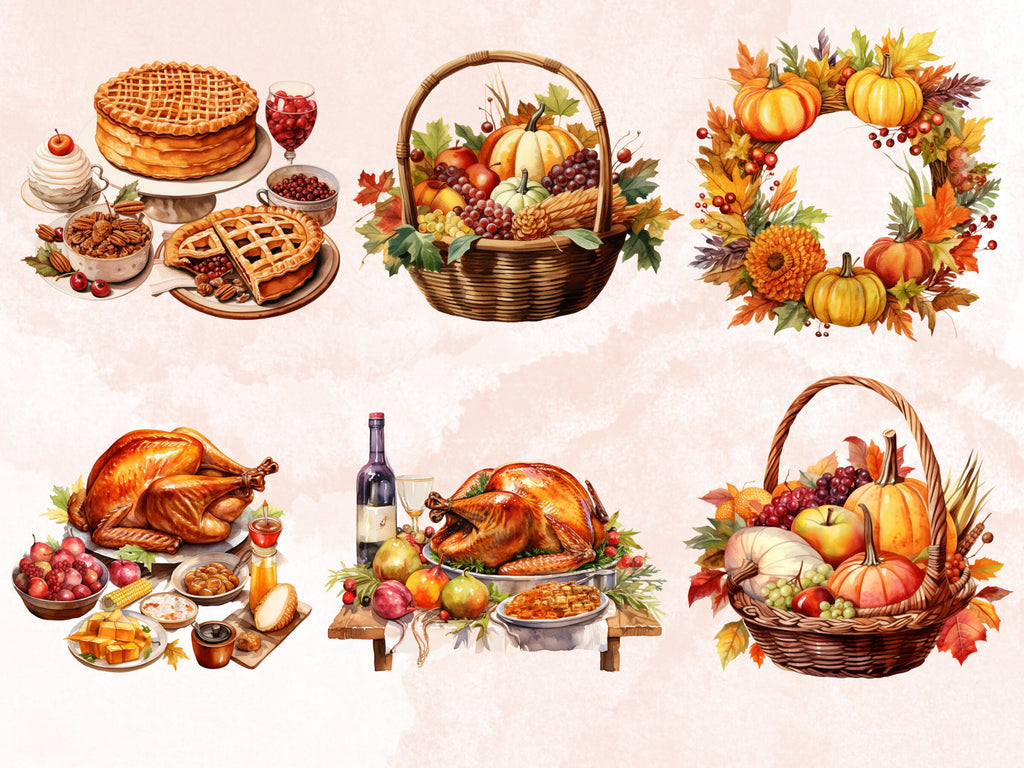 55 PNG Watercolor Thanksgiving Clipart, Thanksgiving Turkey Illustration Clip art, Pumpkin Harvest png, Fall Season Festive Sublimation