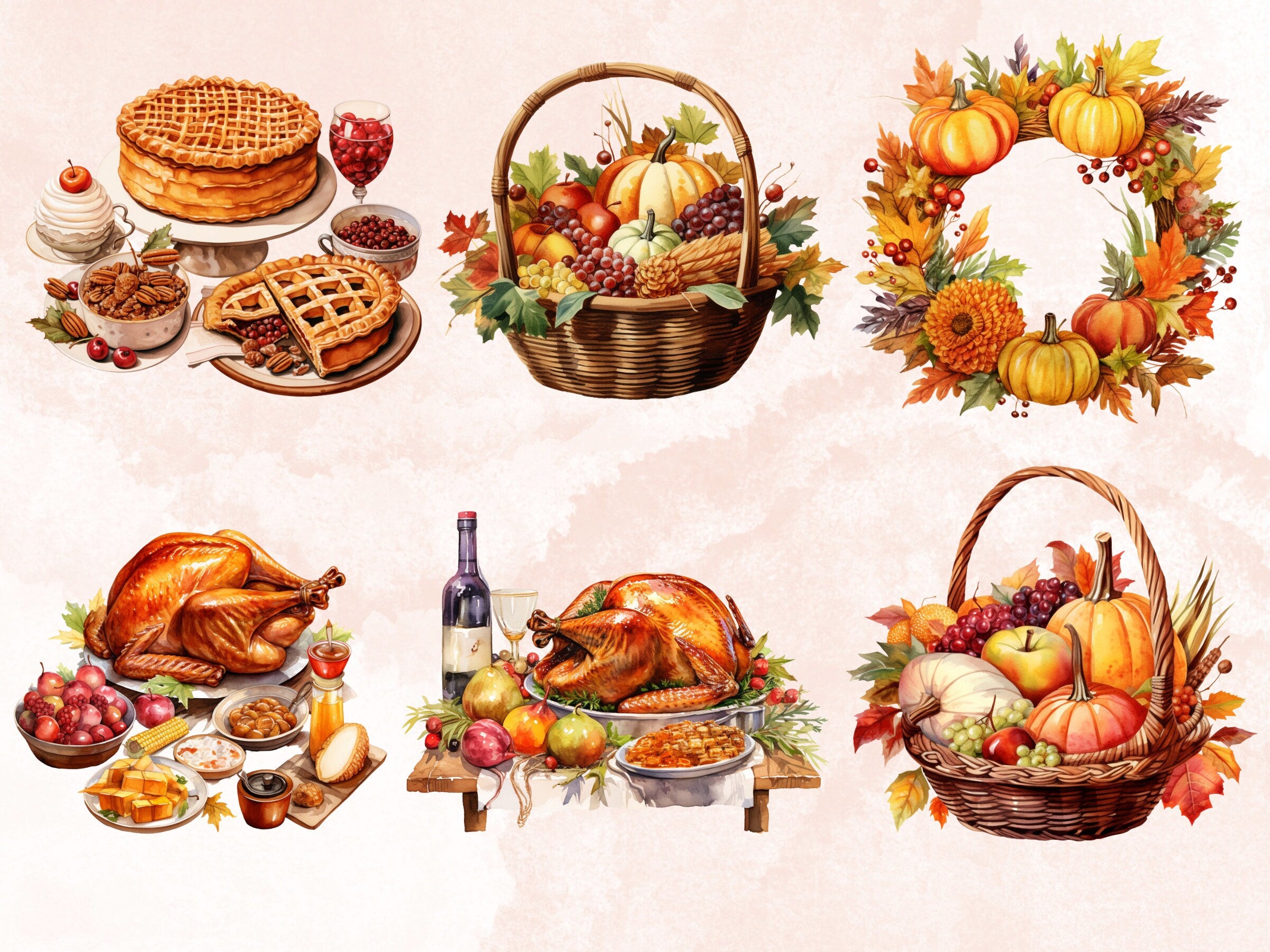 55 PNG Watercolor Thanksgiving Clipart, Thanksgiving Turkey Illustration Clip art, Pumpkin Harvest png, Fall Season Festive Sublimation