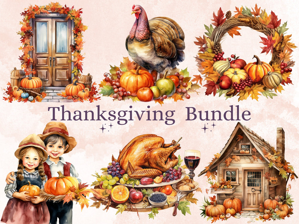 55 PNG Watercolor Thanksgiving Clipart, Thanksgiving Turkey Illustration Clip art, Pumpkin Harvest png, Fall Season Festive Sublimation