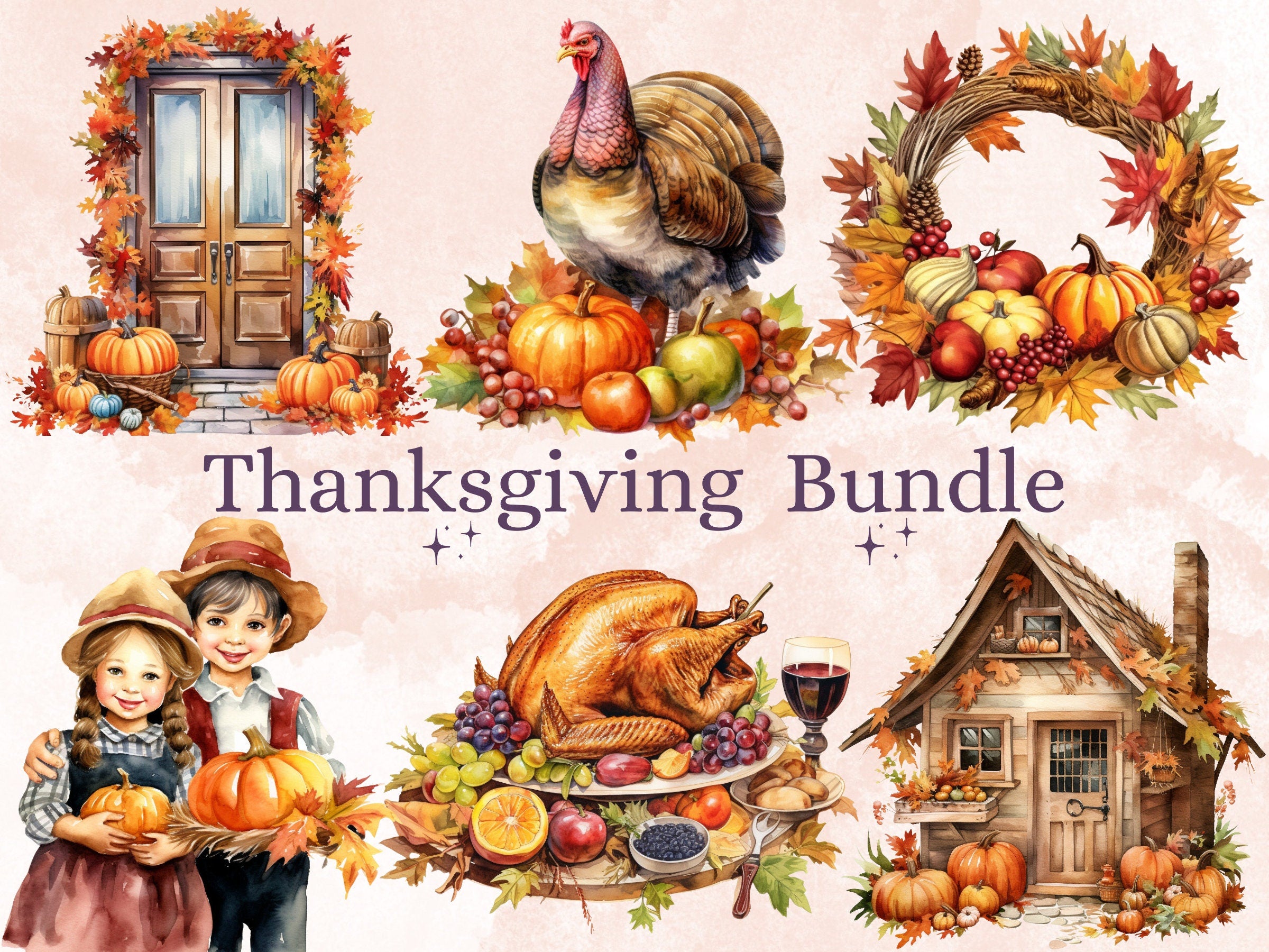 55 PNG Watercolor Thanksgiving Clipart, Thanksgiving Turkey Illustration Clip art, Pumpkin Harvest png, Fall Season Festive Sublimation
