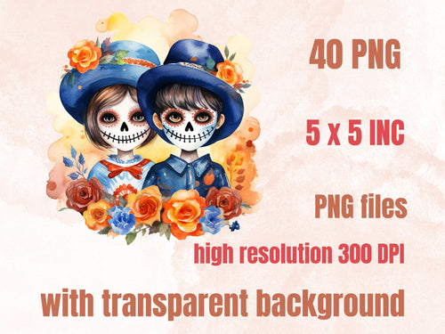 40 PNG Watercolor Cute Day of the Dead Clipart, Día de Los Muertos Illustration Clip art, Mexican Halloween png, Sugar Skull Sublimation