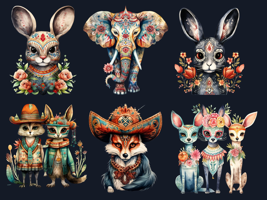 65 PNG Watercolor Day of the Dead Animals Clipart, Día de Los Muertos Illustration Clip art, Mexican Halloween png, Sugar Skull Sublimation