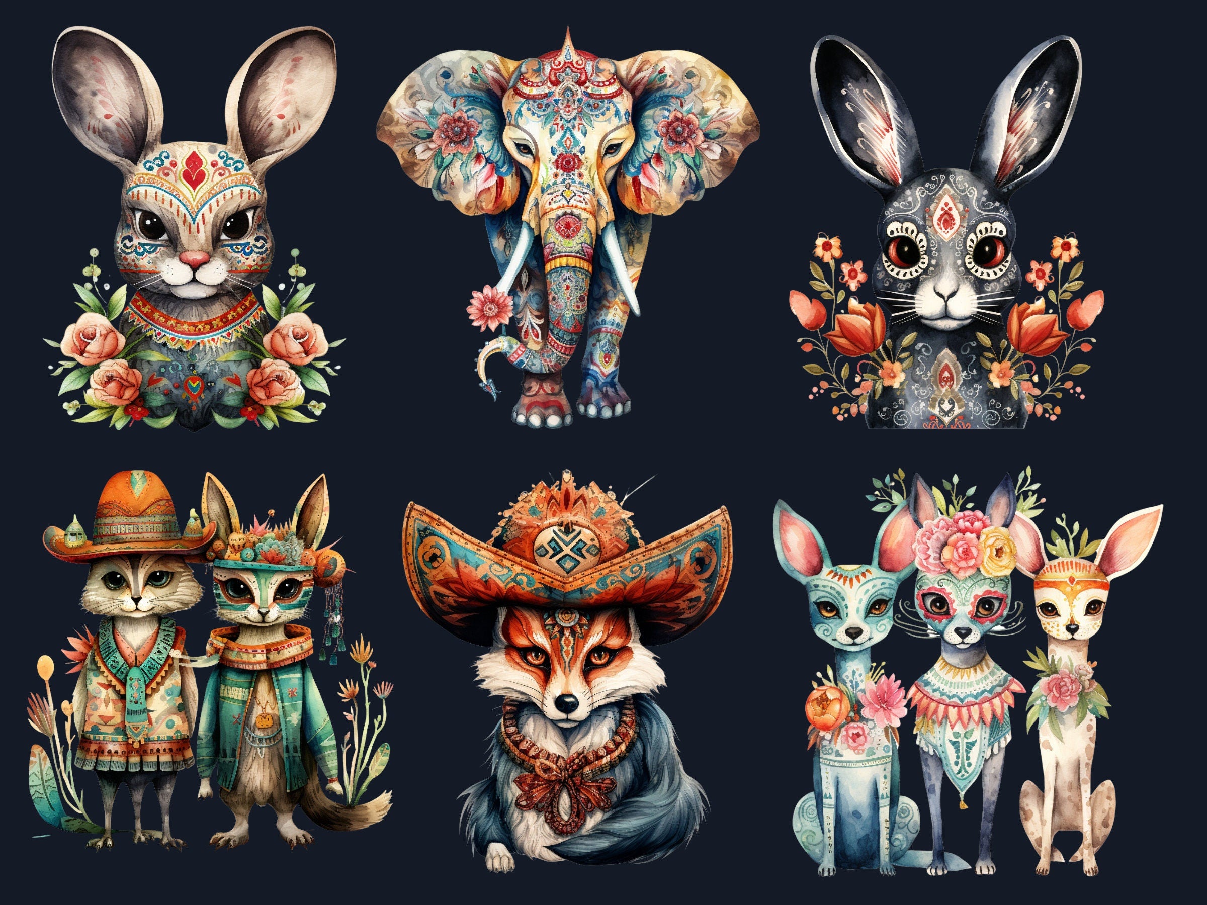 65 PNG Watercolor Day of the Dead Animals Clipart, Día de Los Muertos Illustration Clip art, Mexican Halloween png, Sugar Skull Sublimation