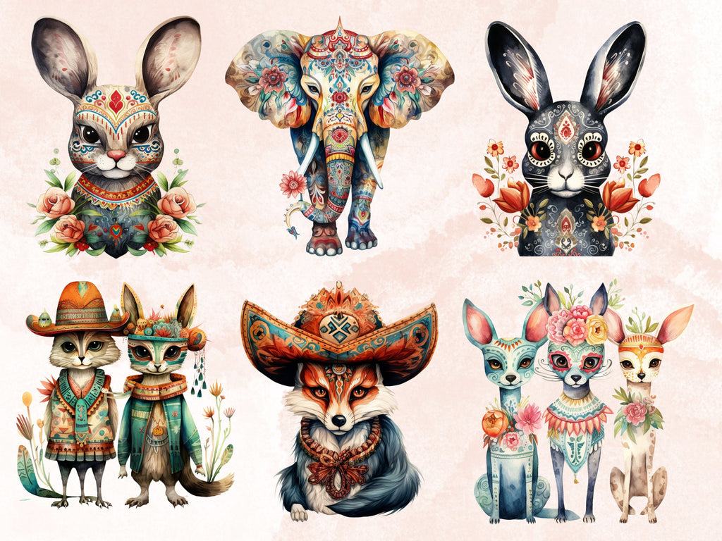 65 PNG Watercolor Day of the Dead Animals Clipart, Día de Los Muertos Illustration Clip art, Mexican Halloween png, Sugar Skull Sublimation