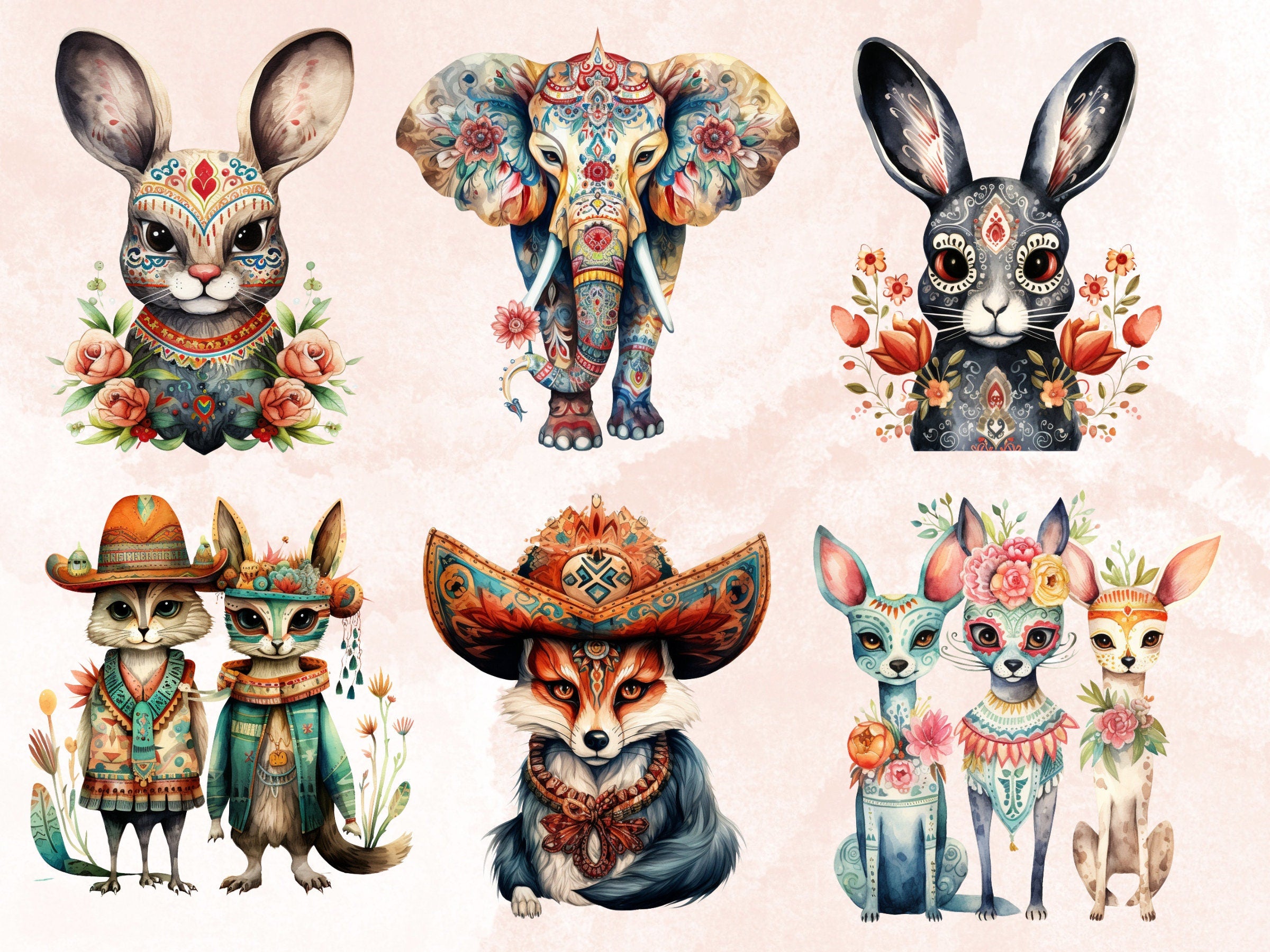 65 PNG Watercolor Day of the Dead Animals Clipart, Día de Los Muertos Illustration Clip art, Mexican Halloween png, Sugar Skull Sublimation